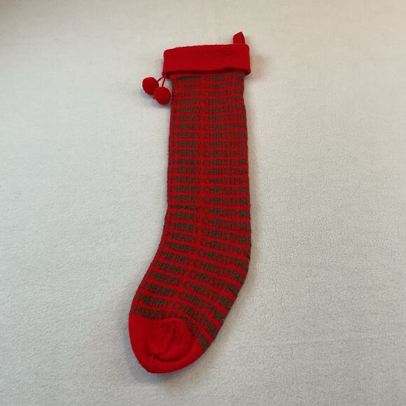 Dept 56 Knit Stocking Merry Christmas Red Green Vintage 1983 Taiwan Pom Poms - Picture 7 of 10